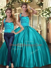 Latest Sleeveless Satin Floor Length Lace Up Sweet 16 Dress in Teal with Ruching