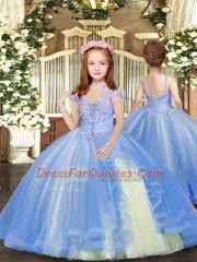 Best Sleeveless Floor Length Beading Lace Up Child Pageant Dress with Blue