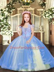 Best Sleeveless Floor Length Beading Lace Up Child Pageant Dress with Blue