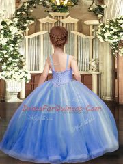Best Sleeveless Floor Length Beading Lace Up Child Pageant Dress with Blue