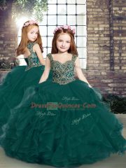 Sexy Sleeveless Floor Length Beading and Ruffles Lace Up Quinceanera Dresses with Peacock Green