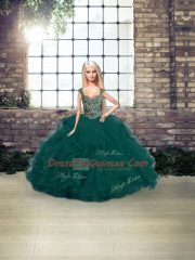 Sexy Sleeveless Floor Length Beading and Ruffles Lace Up Quinceanera Dresses with Peacock Green