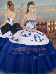 Elegant Floor Length Lace Up Sweet 16 Quinceanera Dress Royal Blue for Military Ball and Sweet 16 and Quinceanera with Embroidery and Bowknot