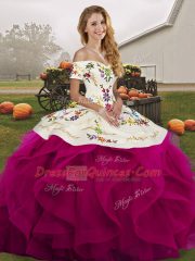 Off The Shoulder Sleeveless Tulle Sweet 16 Dress Embroidery and Ruffles Lace Up