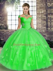 Green Tulle Lace Up Quince Ball Gowns Sleeveless Floor Length Beading and Appliques