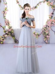 Grey Empire Off The Shoulder Sleeveless Tulle Floor Length Lace Up Appliques Quinceanera Court Dresses