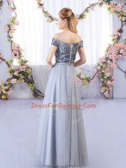 Grey Empire Off The Shoulder Sleeveless Tulle Floor Length Lace Up Appliques Quinceanera Court Dresses