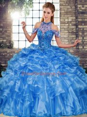 On Sale Halter Top Sleeveless Organza Sweet 16 Dress Beading and Ruffles Lace Up