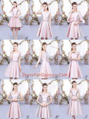 Hot Selling Sleeveless Satin High Low Lace Up Dama Dress in Baby Pink with Ruching