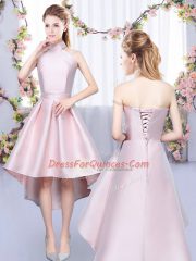 Hot Selling Sleeveless Satin High Low Lace Up Dama Dress in Baby Pink with Ruching