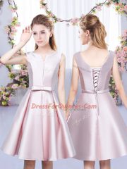 Hot Selling Sleeveless Satin High Low Lace Up Dama Dress in Baby Pink with Ruching