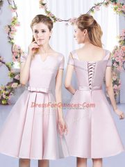 Hot Selling Sleeveless Satin High Low Lace Up Dama Dress in Baby Pink with Ruching