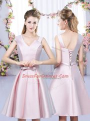 Hot Selling Sleeveless Satin High Low Lace Up Dama Dress in Baby Pink with Ruching