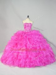Hot Pink Strapless Lace Up Beading and Ruffles Ball Gown Prom Dress Court Train Sleeveless