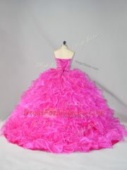 Hot Pink Strapless Lace Up Beading and Ruffles Ball Gown Prom Dress Court Train Sleeveless
