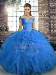 Blue Lace Up Off The Shoulder Beading and Ruffles Quinceanera Gown Tulle Sleeveless