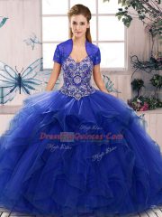 Floor Length Royal Blue 15 Quinceanera Dress Tulle Sleeveless Beading and Ruffles