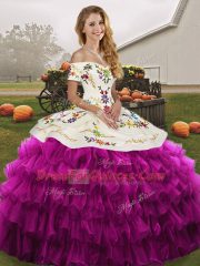 Modern Sleeveless Organza Floor Length Lace Up Quinceanera Dress in Fuchsia with Embroidery and Ruffled Layers