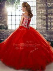 Custom Fit Off The Shoulder Sleeveless Lace Up Quince Ball Gowns Red Tulle