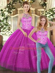 Fuchsia Tulle Lace Up Vestidos de Quinceanera Sleeveless Floor Length Beading