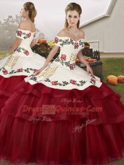 Fashionable Sleeveless Brush Train Embroidery and Ruffled Layers Lace Up Quinceanera Dresses