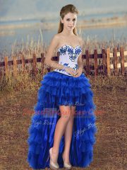 High Quality A-line Prom Dresses Royal Blue Sweetheart Organza Sleeveless High Low Lace Up