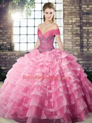 Off The Shoulder Sleeveless Brush Train Lace Up Vestidos de Quinceanera Rose Pink Organza