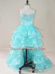 Sleeveless Lace Up High Low Beading and Lace and Ruffled Layers Prom Gown