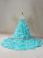 Sleeveless Lace Up High Low Beading and Lace and Ruffled Layers Prom Gown