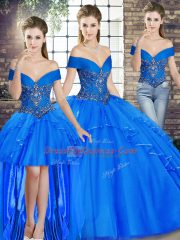 Royal Blue Off The Shoulder Neckline Beading and Ruffles Quinceanera Dress Sleeveless Lace Up