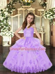 Lovely Lavender Ball Gowns Appliques Little Girls Pageant Dress Lace Up Tulle Sleeveless Floor Length