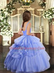 Lovely Lavender Ball Gowns Appliques Little Girls Pageant Dress Lace Up Tulle Sleeveless Floor Length