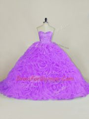 Dynamic Lavender Fabric With Rolling Flowers Lace Up Ball Gown Prom Dress Sleeveless Court Train Beading