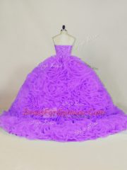 Dynamic Lavender Fabric With Rolling Flowers Lace Up Ball Gown Prom Dress Sleeveless Court Train Beading