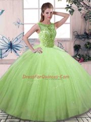 Sexy Tulle Scoop Sleeveless Lace Up Beading Ball Gown Prom Dress in