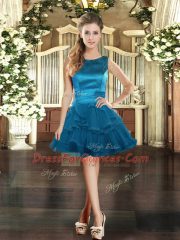 Clearance Sleeveless Tulle Mini Length Lace Up Evening Dress in Blue with Ruffles