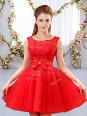 Mini Length Red Damas Dress Tulle Sleeveless Lace and Bowknot