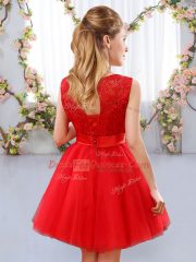 Mini Length Red Damas Dress Tulle Sleeveless Lace and Bowknot