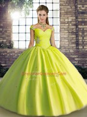 Customized Yellow Green Ball Gowns Tulle Off The Shoulder Sleeveless Beading Floor Length Lace Up Sweet 16 Dress