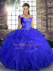 Royal Blue Ball Gowns Beading and Ruffles Quinceanera Dress Lace Up Tulle Sleeveless Floor Length