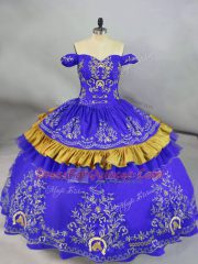 High End Off The Shoulder Sleeveless Quinceanera Dress Floor Length Embroidery Blue Satin and Organza