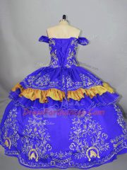 High End Off The Shoulder Sleeveless Quinceanera Dress Floor Length Embroidery Blue Satin and Organza