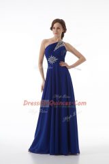 Decent One Shoulder Sleeveless Prom Dresses Floor Length Beading Royal Blue Chiffon