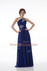 Decent One Shoulder Sleeveless Prom Dresses Floor Length Beading Royal Blue Chiffon