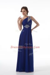 Decent One Shoulder Sleeveless Prom Dresses Floor Length Beading Royal Blue Chiffon