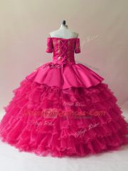 Flare Ball Gowns Vestidos de Quinceanera Fuchsia Off The Shoulder Organza Sleeveless Floor Length Lace Up