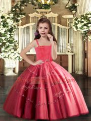 Luxurious Tulle Straps Sleeveless Lace Up Beading Little Girls Pageant Dress Wholesale in Coral Red