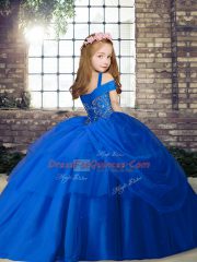 Red Tulle Lace Up Straps Sleeveless Floor Length Child Pageant Dress Beading