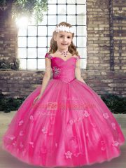 Sleeveless Floor Length Beading and Hand Made Flower Lace Up Little Girl Pageant Gowns with Hot Pink