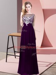 Purple Chiffon Backless Scoop Sleeveless Floor Length Prom Dresses Beading